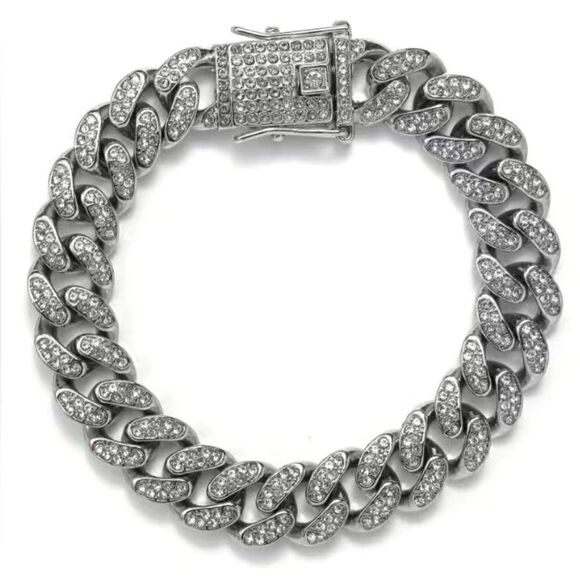 1pc Cuban Chain Full Of Rhinestone Hip-hop Fashion Bracelet For Men - Picture 1 of 3